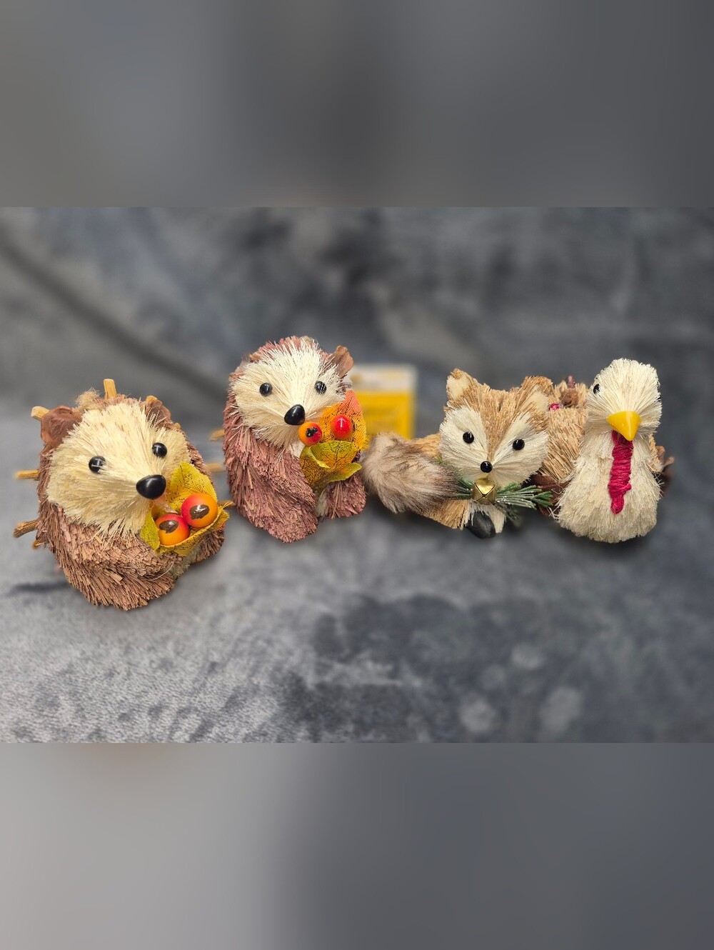 4 Rustic Fall/winter Animal Figures Turkey Hedgehog Fox Handmade Natural Fibers